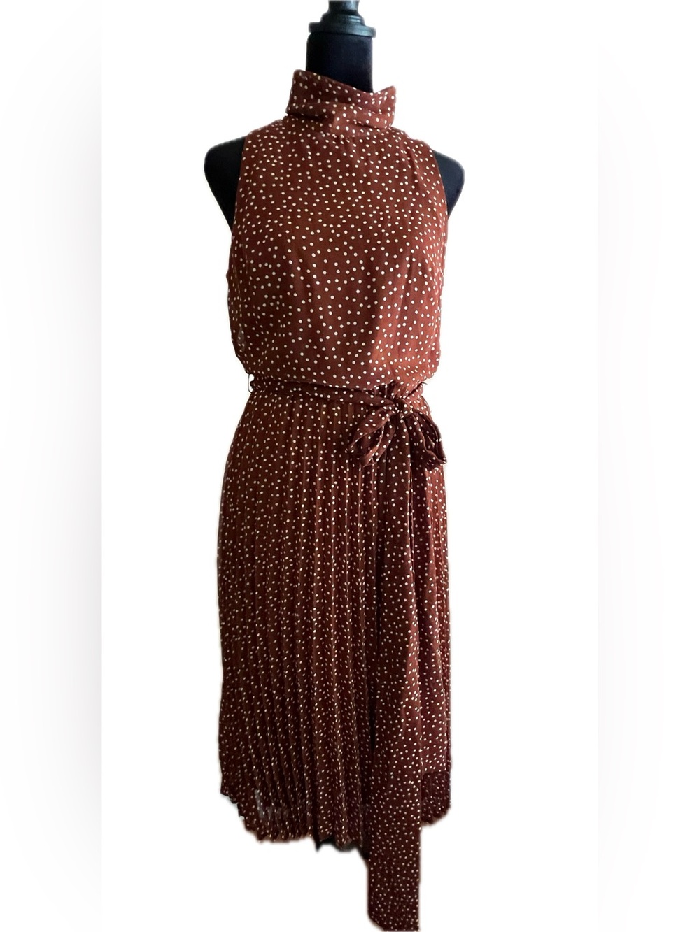NWOT Just Taylor Brown Polka Dot Pleated Midi Dress ~ Size 6